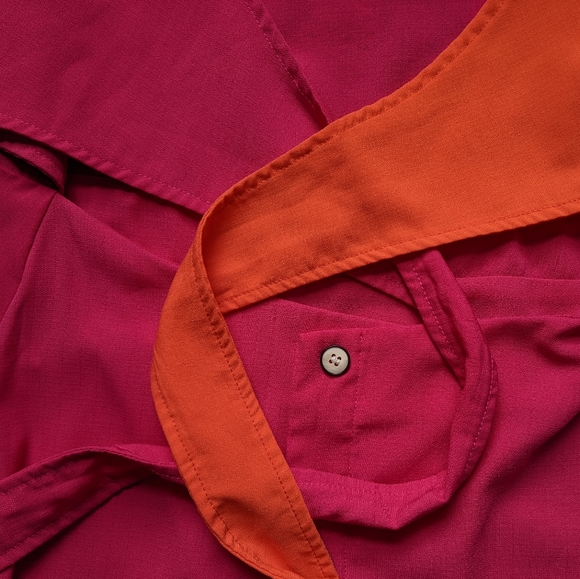 Hot Pink and Orange Colorblock Tie Front Dress with Flowy Button Up Skirt - Picture 3 of 9